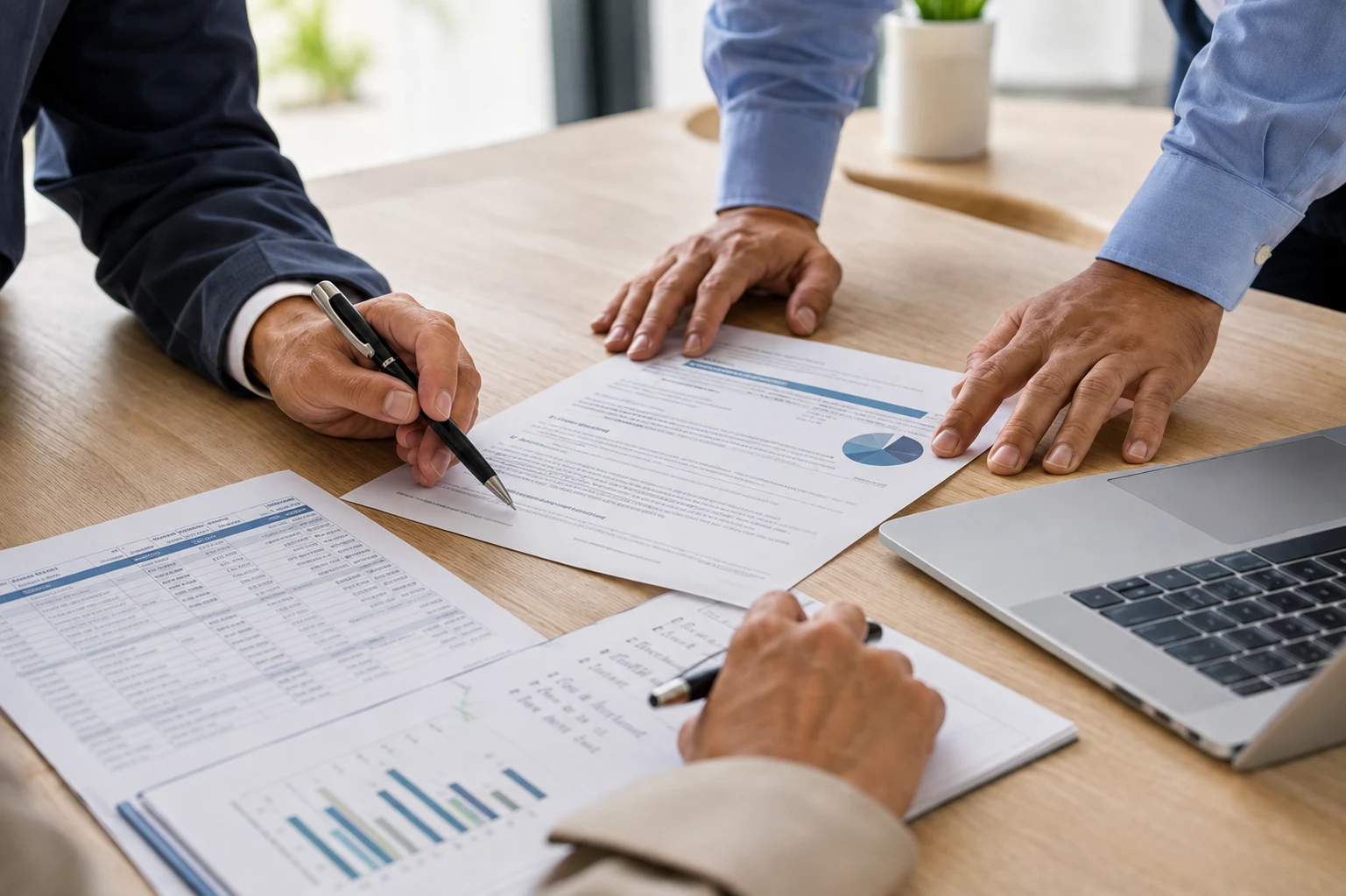 Illustrative financial advisory session reviewing written reports, spreadsheets and charts